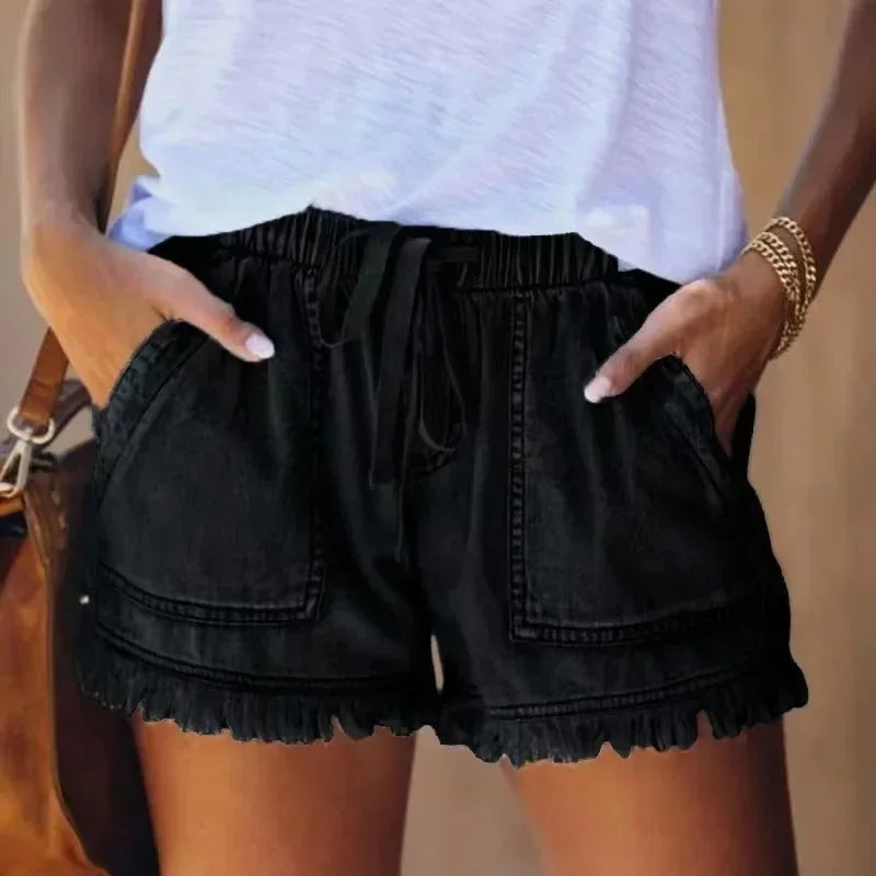 2025 New High Waist Elastic Waist Casual High Waist Slim Shorts Jeans Summer Women'S Loose Straight Shorts Women Clothing