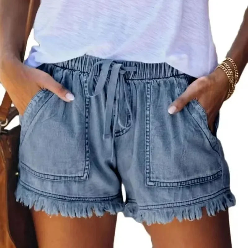 2025 New High Waist Elastic Waist Casual High Waist Slim Shorts Jeans Summer Women'S Loose Straight Shorts Women Clothing