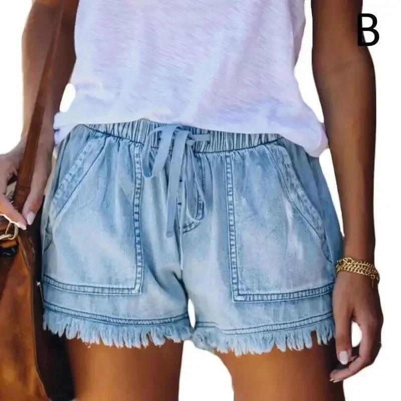 2025 New High Waist Elastic Waist Casual High Waist Slim Shorts Jeans Summer Women'S Loose Straight Shorts Women Clothing