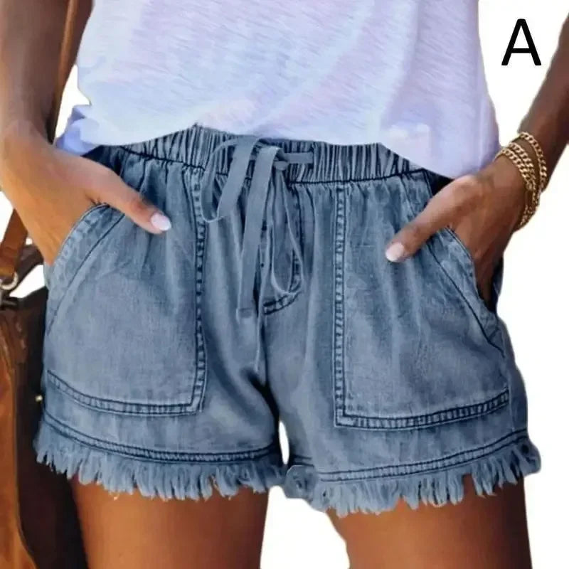 2025 New High Waist Elastic Waist Casual High Waist Slim Shorts Jeans Summer Women'S Loose Straight Shorts Women Clothing