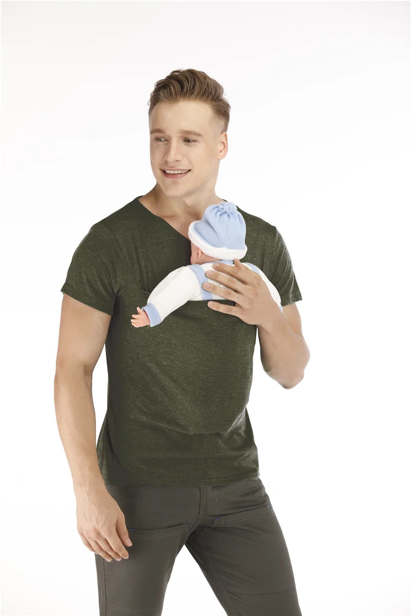 Safety Kangaroo Pocket T-Shirt Baby Carrier Summer Pregnancy Clothes Mother Father Short Sleeves Tops Feeding Nylon Cotton Tees