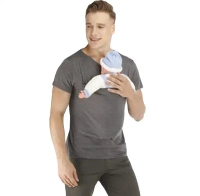 Safety Kangaroo Pocket T-Shirt Baby Carrier Summer Pregnancy Clothes Mother Father Short Sleeves Tops Feeding Nylon Cotton Tees