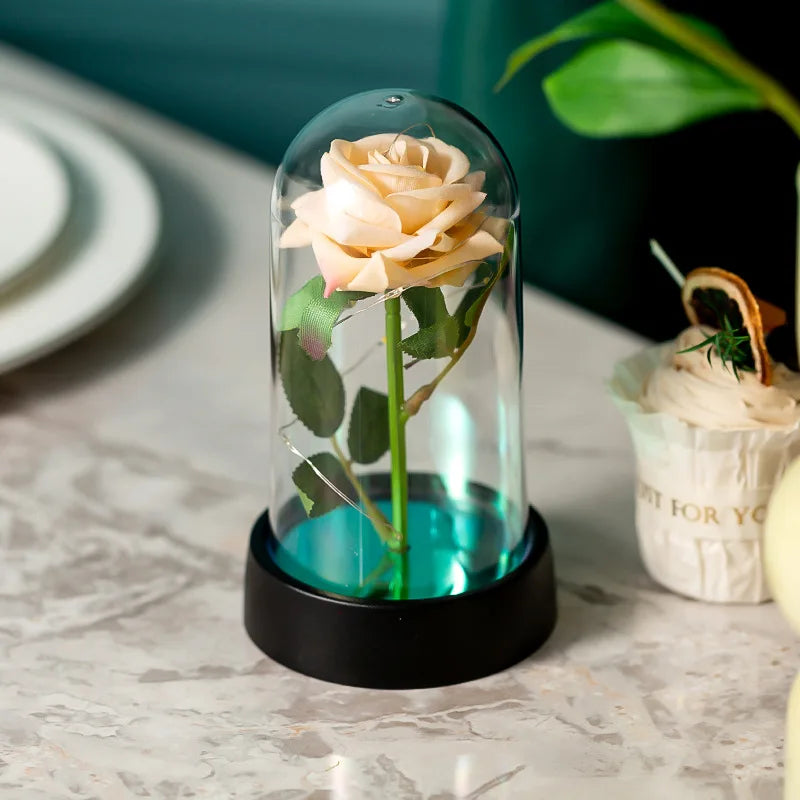 LED Eternal Flower Glass Cover Gold Foil Artificial Rose Romantic Valentine'S Day Mother'S Day Gift Creative Desktop Decoration