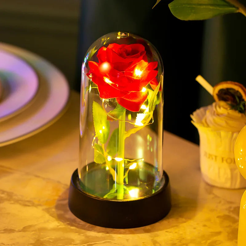 LED Eternal Flower Glass Cover Gold Foil Artificial Rose Romantic Valentine'S Day Mother'S Day Gift Creative Desktop Decoration