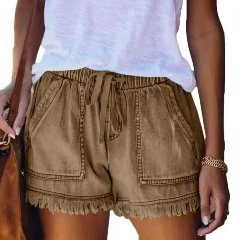 2025 New High Waist Elastic Waist Casual High Waist Slim Shorts Jeans Summer Women'S Loose Straight Shorts Women Clothing