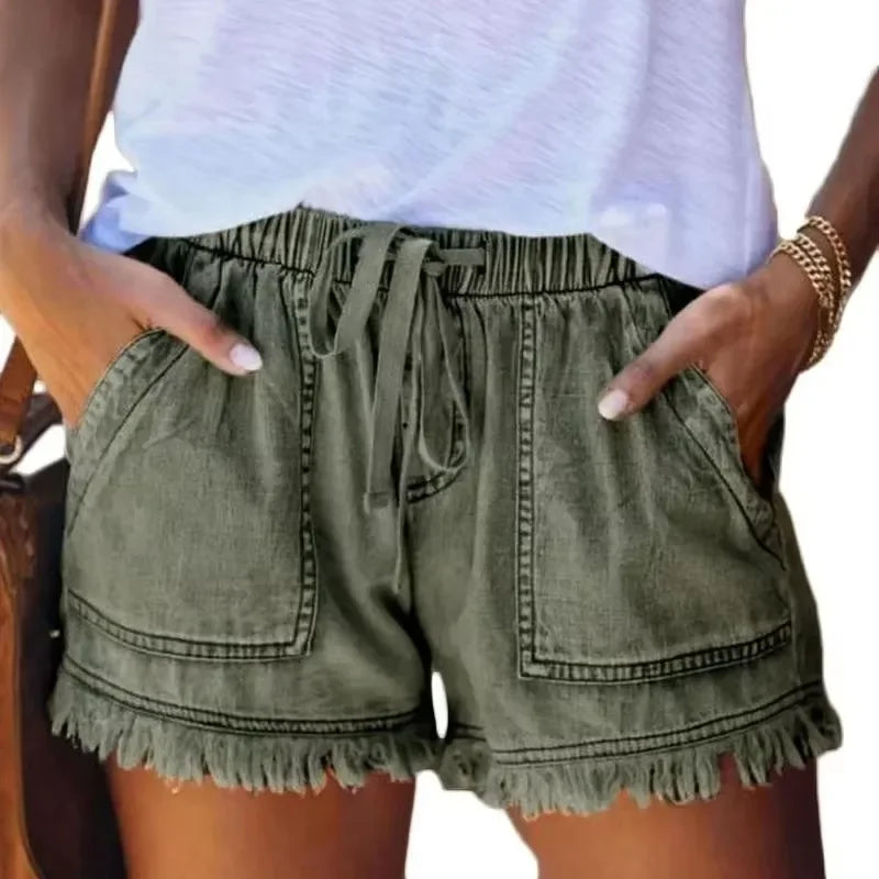 2025 New High Waist Elastic Waist Casual High Waist Slim Shorts Jeans Summer Women'S Loose Straight Shorts Women Clothing